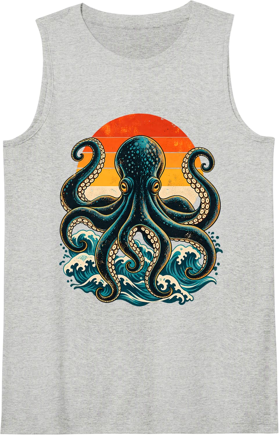 Retro Sunset Octopus Coastal Wave Ocean Art Sleeveless Tank Top - Heather Grey