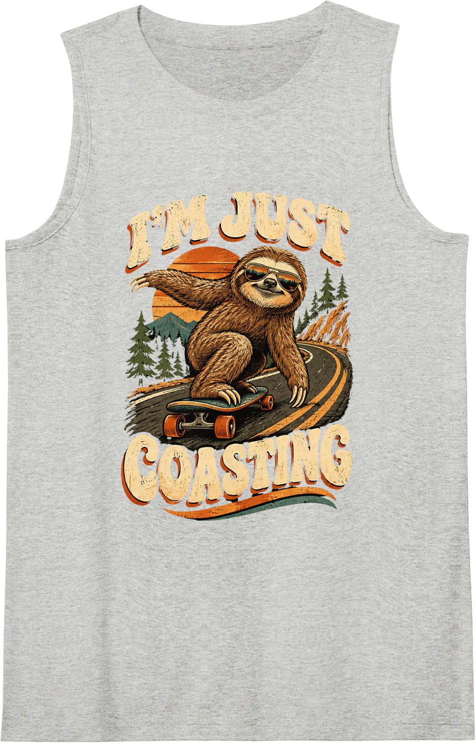 I'm Just Coasting Funny Sloth Skateboard Retro Design Sleeveless Tank Top - Heather Grey