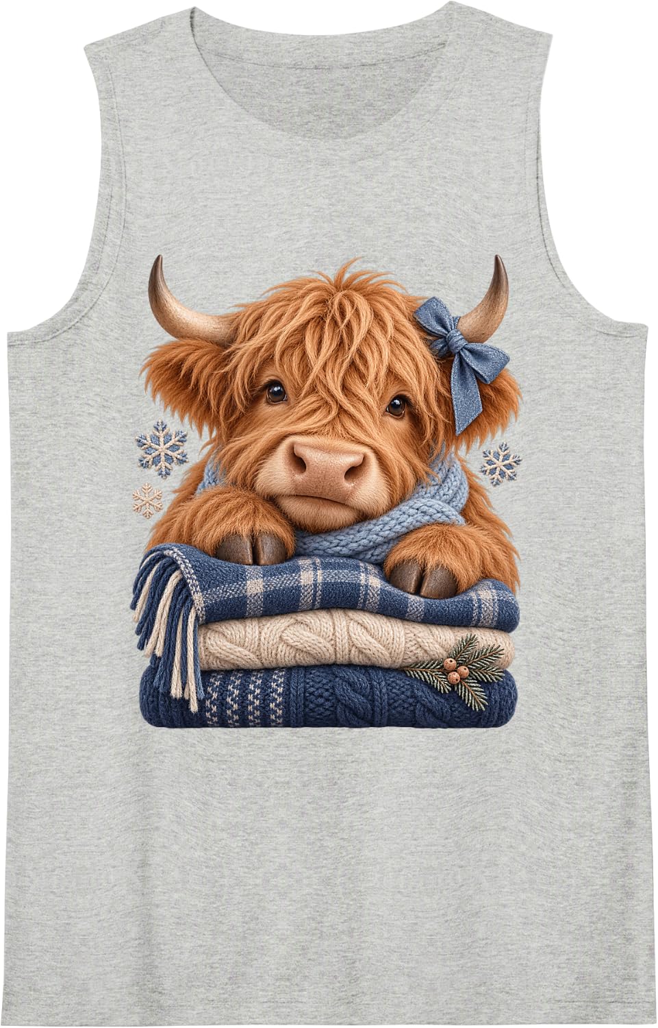 Cozy Highland Cow Winter Blue Scarf Farm Animal Lover Xmas Sleeveless Tank Top - Heather Grey