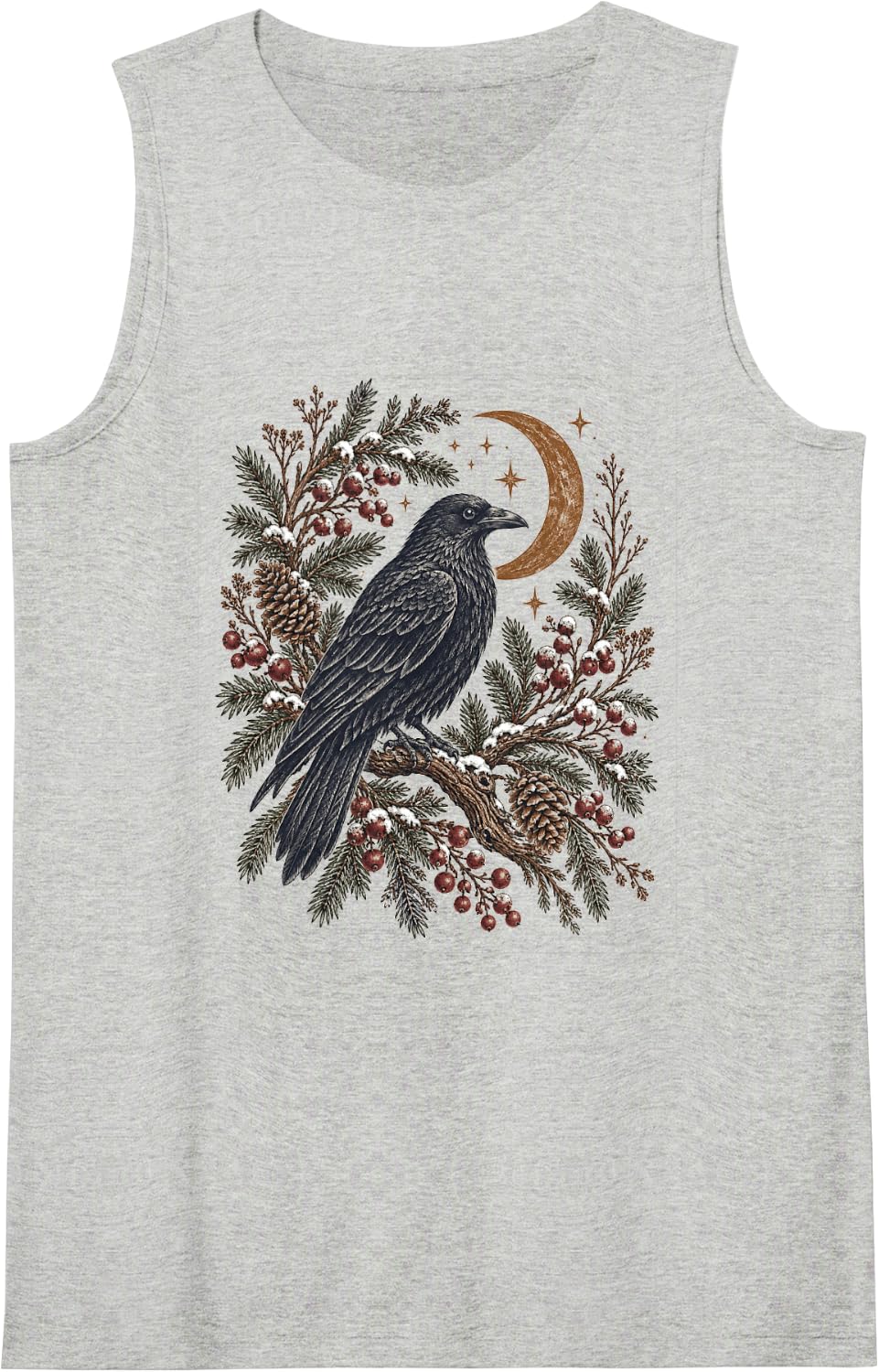 Gothic Raven Crescent Night Sky and Evergreen Pines Sleeveless Tank Top - Heather Grey