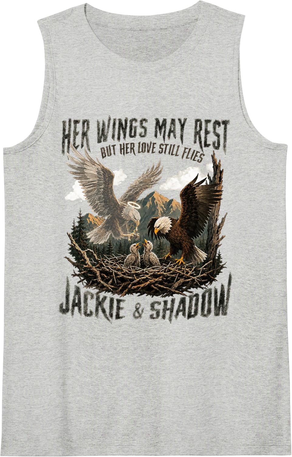 Jackie & Shadow Bald Eagle, Her Wings May Rest her Love Sleeveless Tank Top - Heather Grey