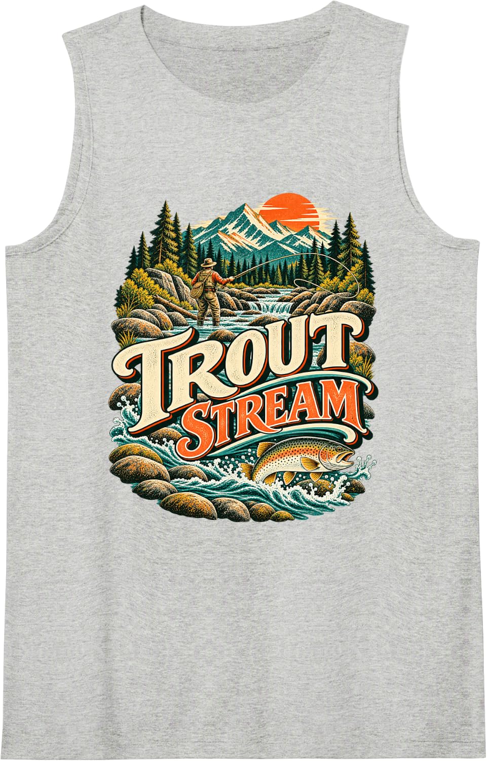 Trout Stream Vintage Fly Fishing Angler Sleeveless Tank Top - Heather Grey