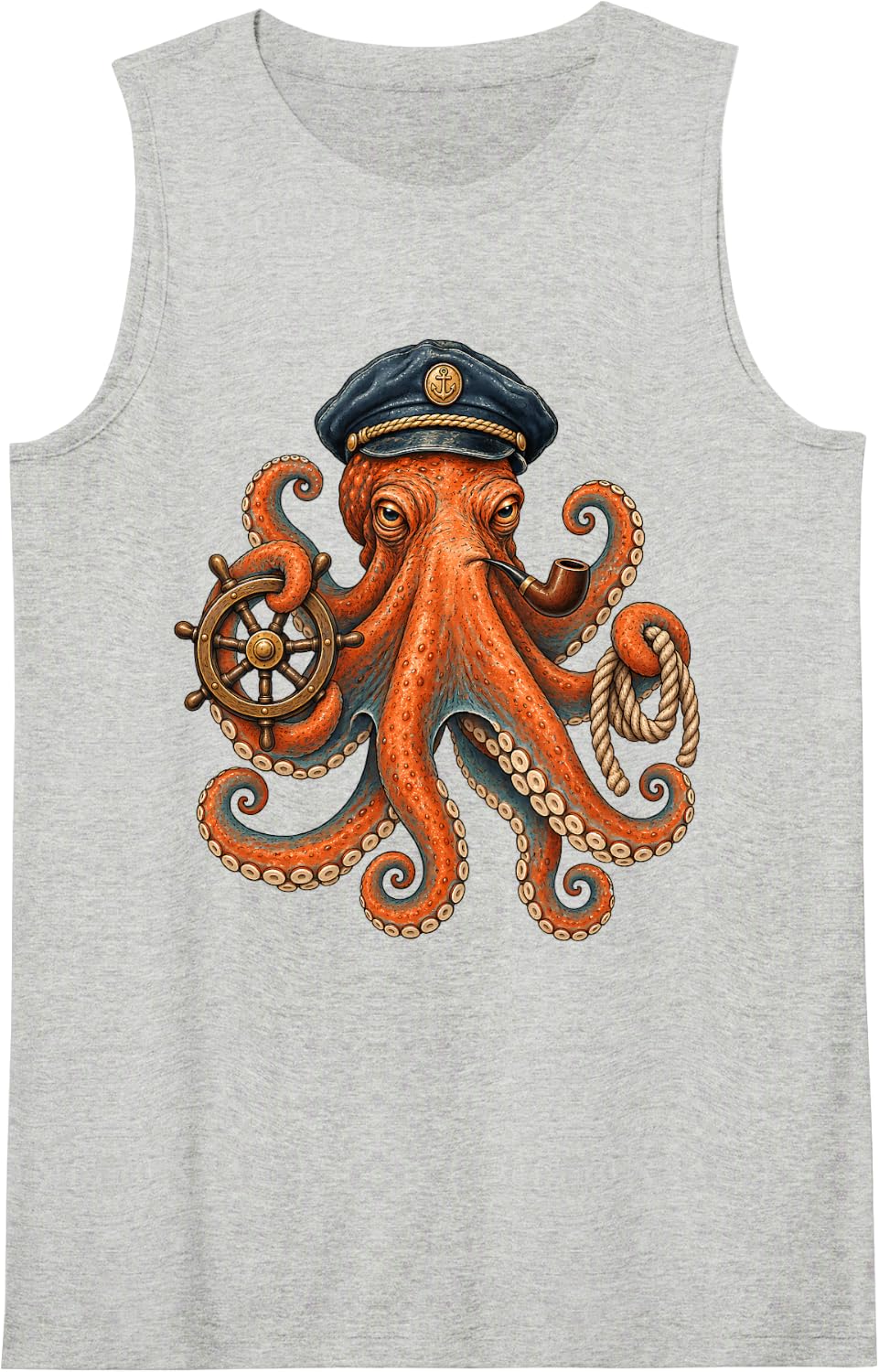 Captain Octopus Sailor Nautical Ship Wheel Ocean Sleeveless Tank Top - Heather Grey