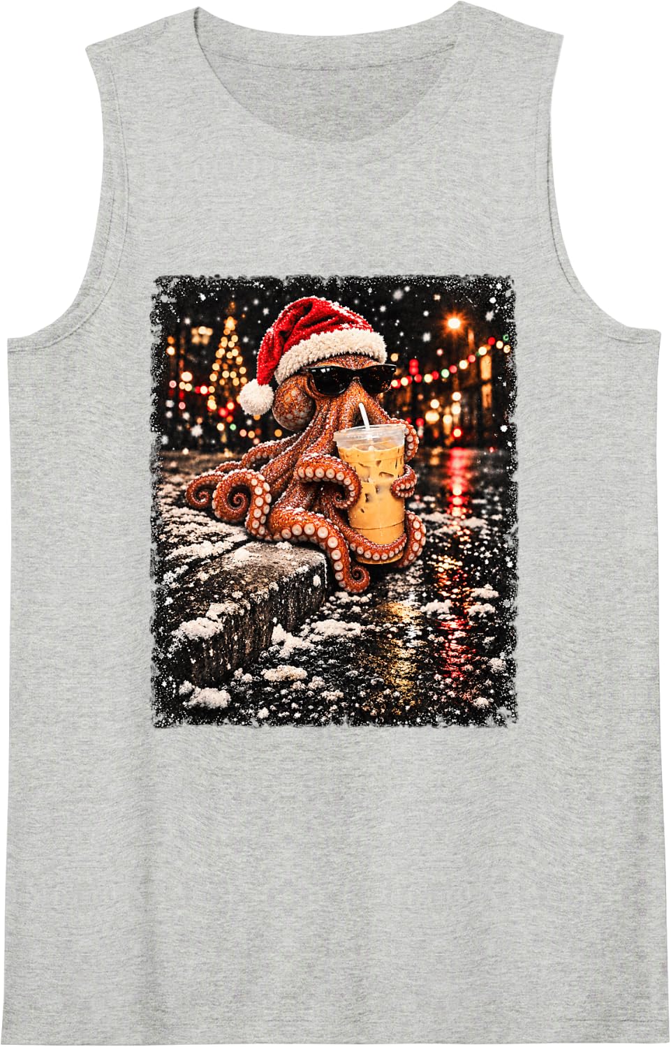 Funny Octopus Drinking Iced Coffee Christmas Animal Meme Sleeveless Tank Top - Heather Grey