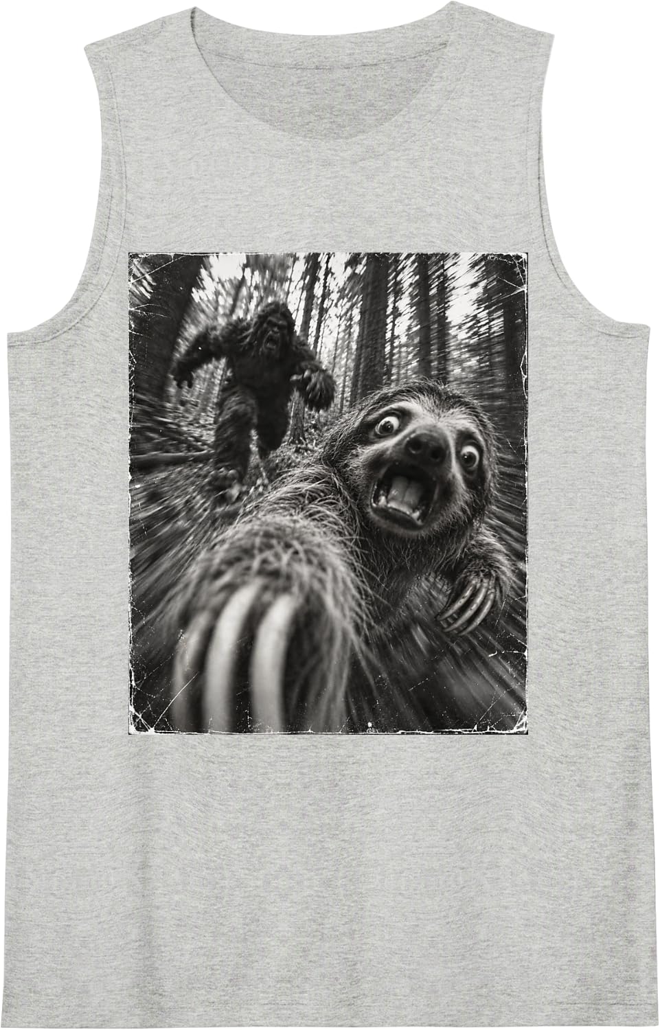 Vintage Bigfoot Running After Sloth Selfie Animal Sleeveless Tank Top - Heather Grey