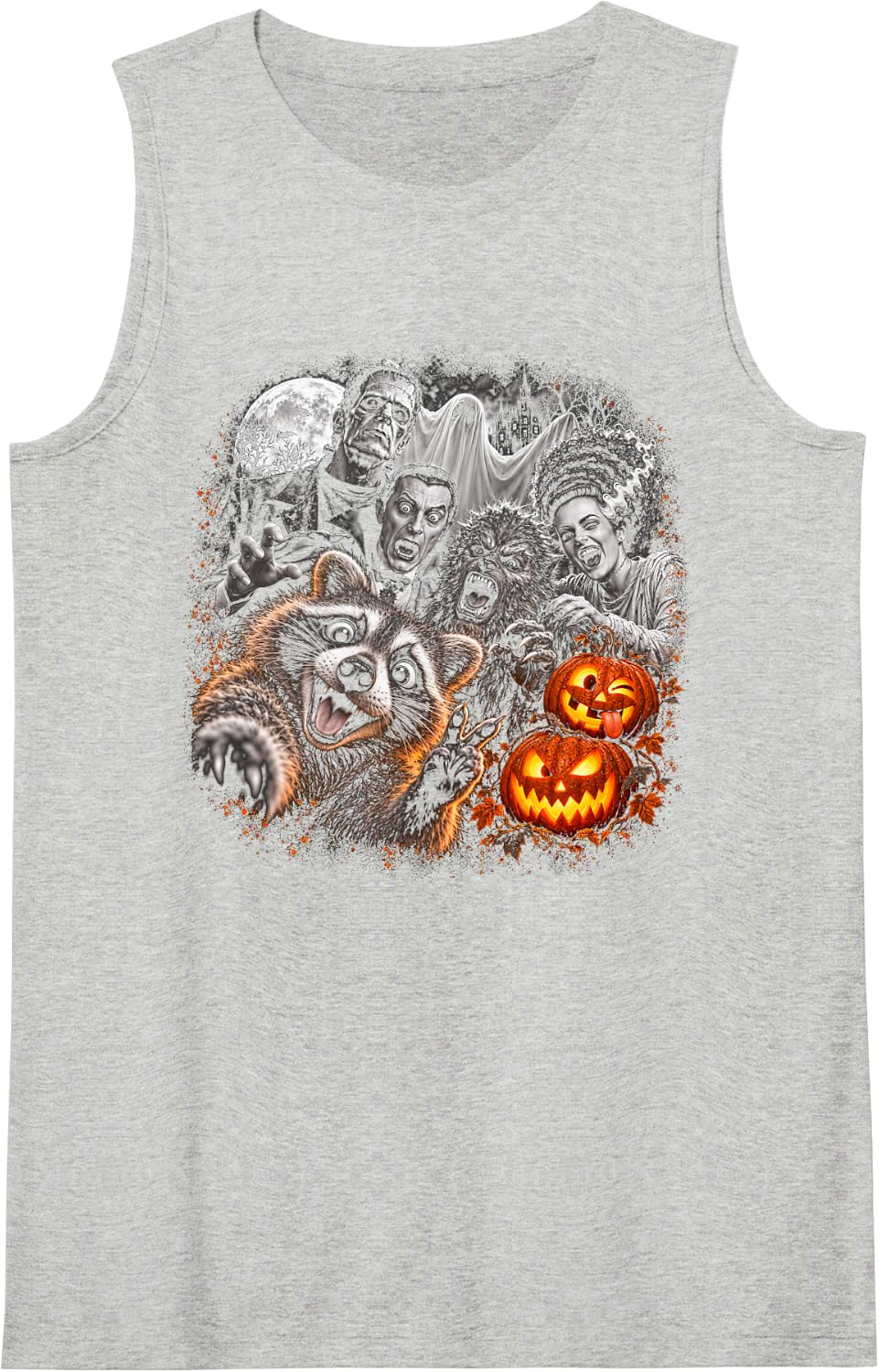 Halloween Raccoon Monster Selfie Stacked Pumpkins Art Sleeveless Tank Top - Heather Grey