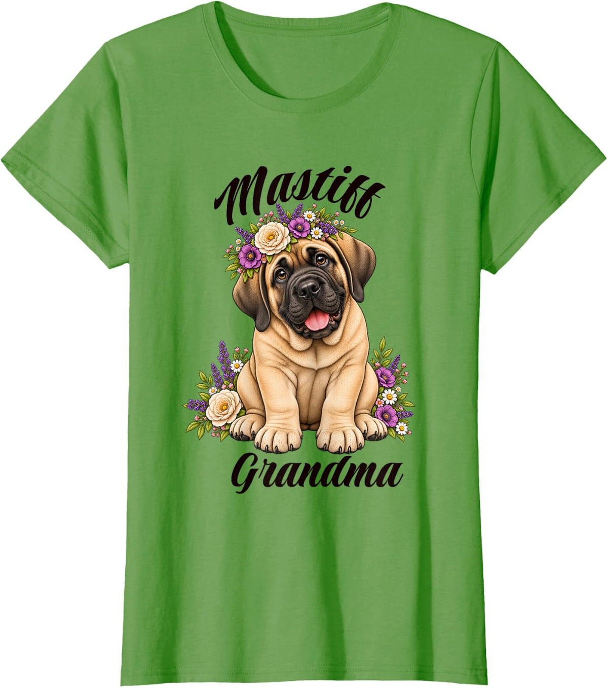 Mastiff Grandma Cute Puppy Flowers Crown Floral Dog T-Shirt - Grass Green