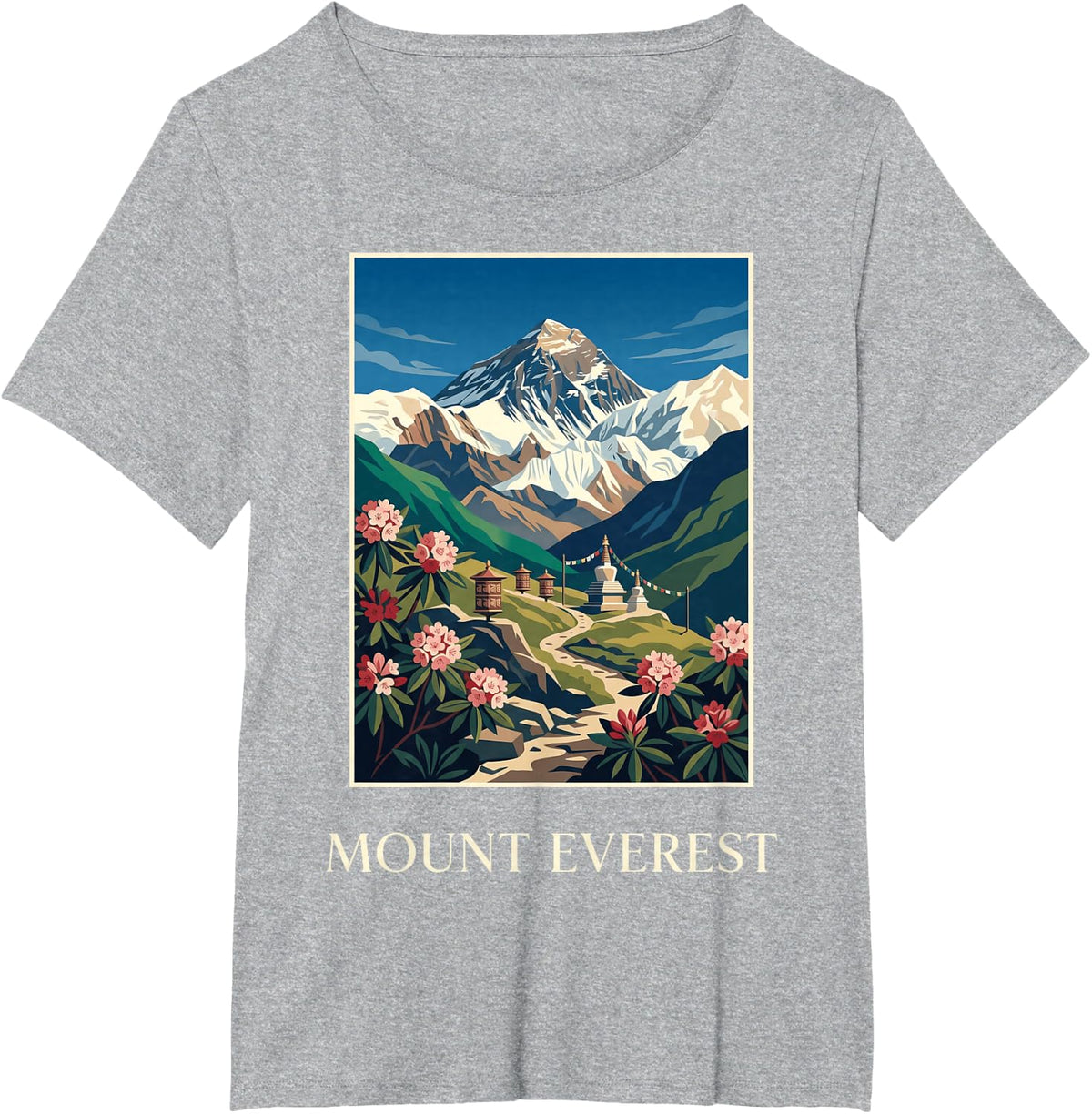 Mount Everest Himalayan Peak Scenic Travel Illustration T-Shirt - Heather Grey