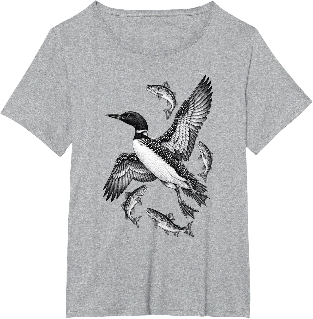 Loon and Trout Freshwater Fishing Wildlife T-Shirt - Heather Grey
