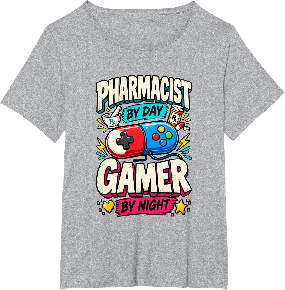 Pharmacy Tech Gamer By Night Video Game Humor T-Shirt - Heather Grey