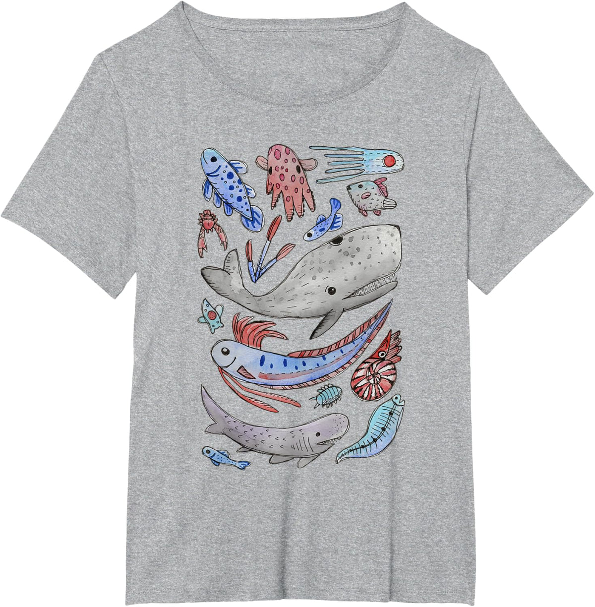 Deep Sea Ocean Creatures Oarfish Whale Shark Watercolor T-Shirt - Heather Grey
