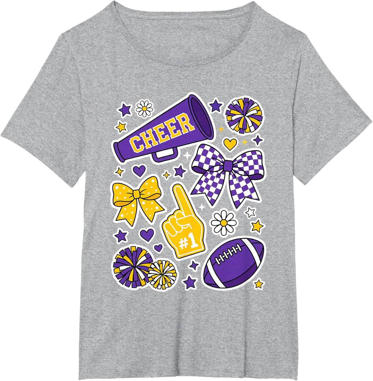 Cheer #1 Football Cheerleader Megaphone Bows Pom Poms T-Shirt - Heather Grey