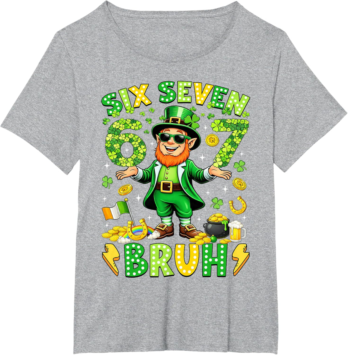 Six Seven Bruh St Patricks Day Leprechaun Meme 6 7 Boys Kids T-Shirt - Heather Grey