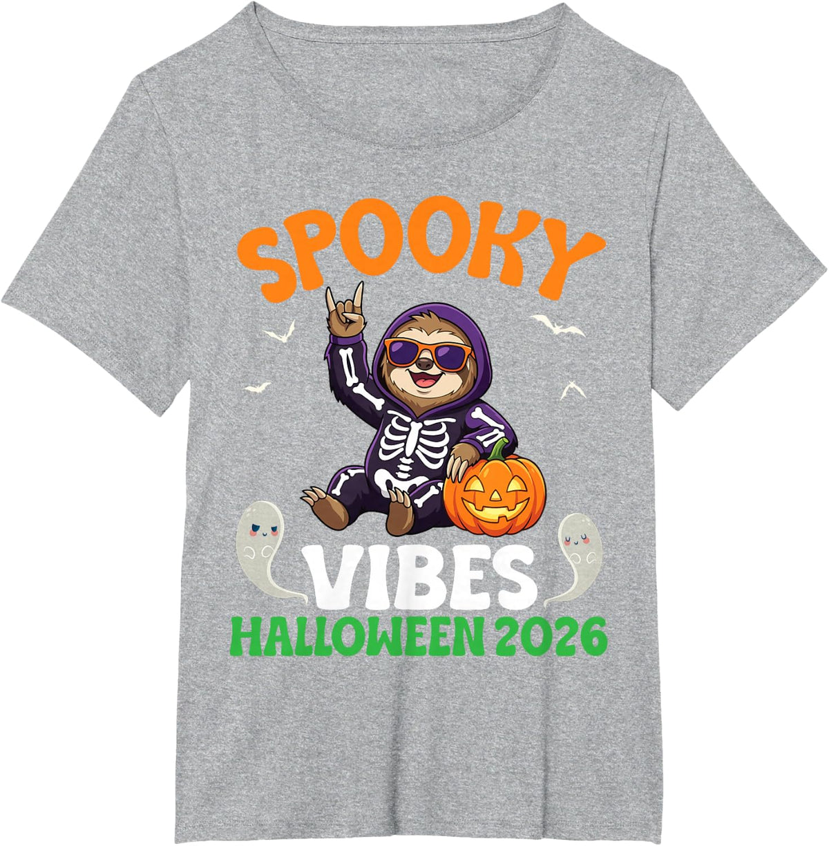 Spooky Vibes Halloween 2026 Rocking Sloth Skeleton Pumpkins T-Shirt - Heather Grey