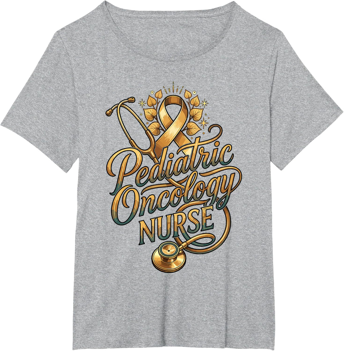 Pediatric Oncology Nurse Gold Ribbon Medical Stethoscope T-Shirt - Heather Grey