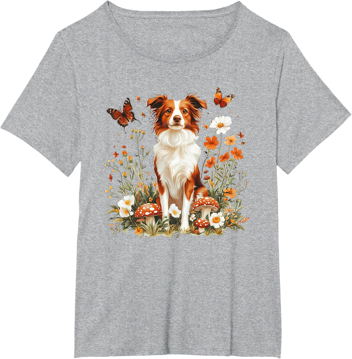 Womens Girls Vintage Nature Flowers Red Border Collie Lover T-Shirt - Heather Grey