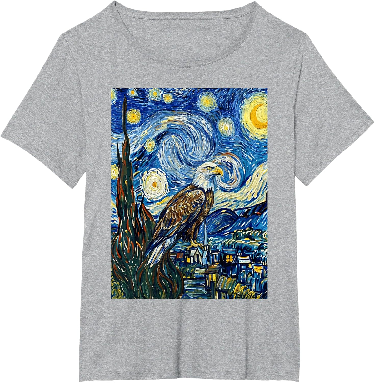 Van Gogh Starry Night Bald Eagle Art Painting T-Shirt - Heather Grey