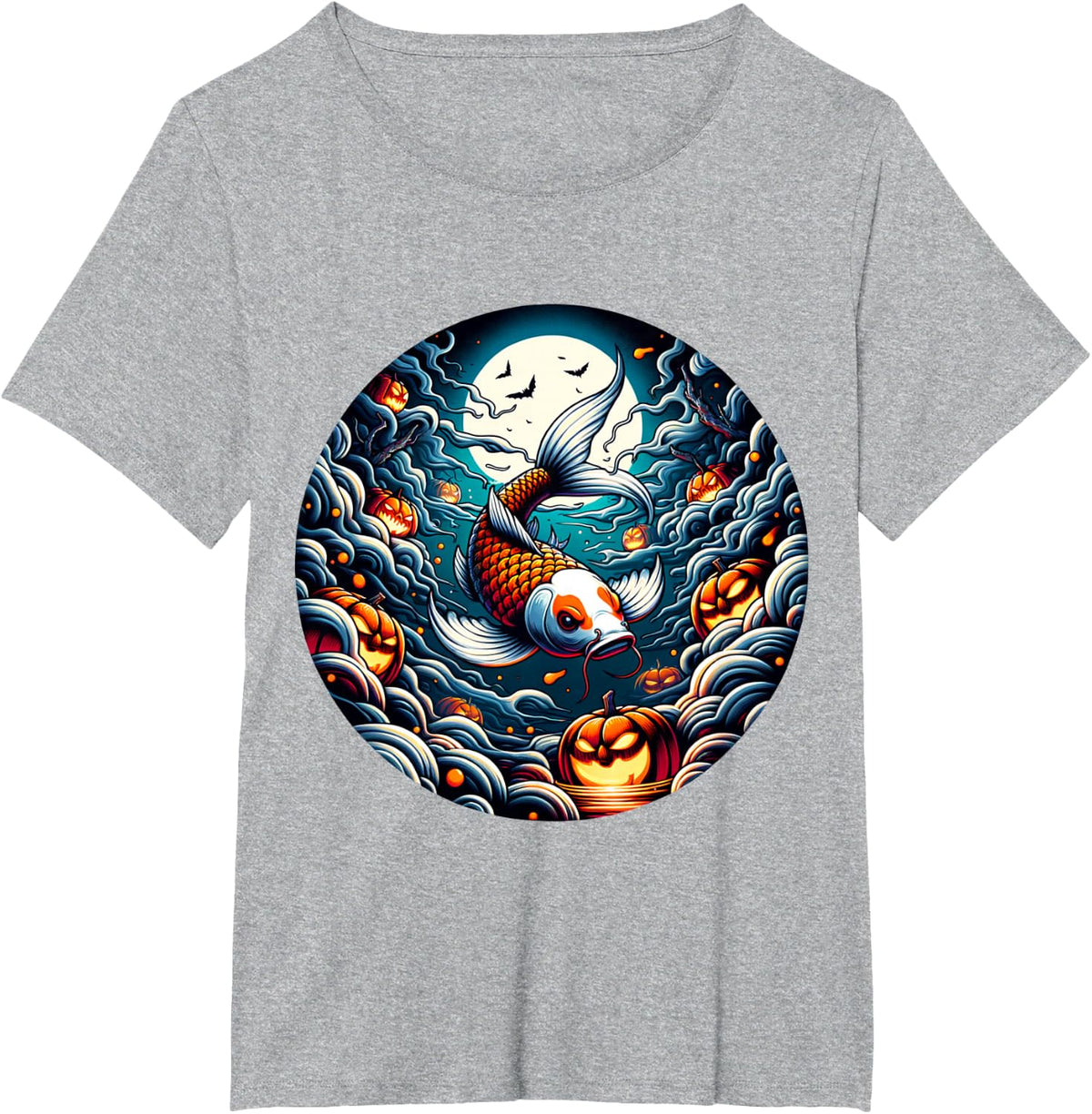 Cute Anime Koi Fish Haunted by Halloween Spirits in Moonlit T-Shirt - Heather Grey