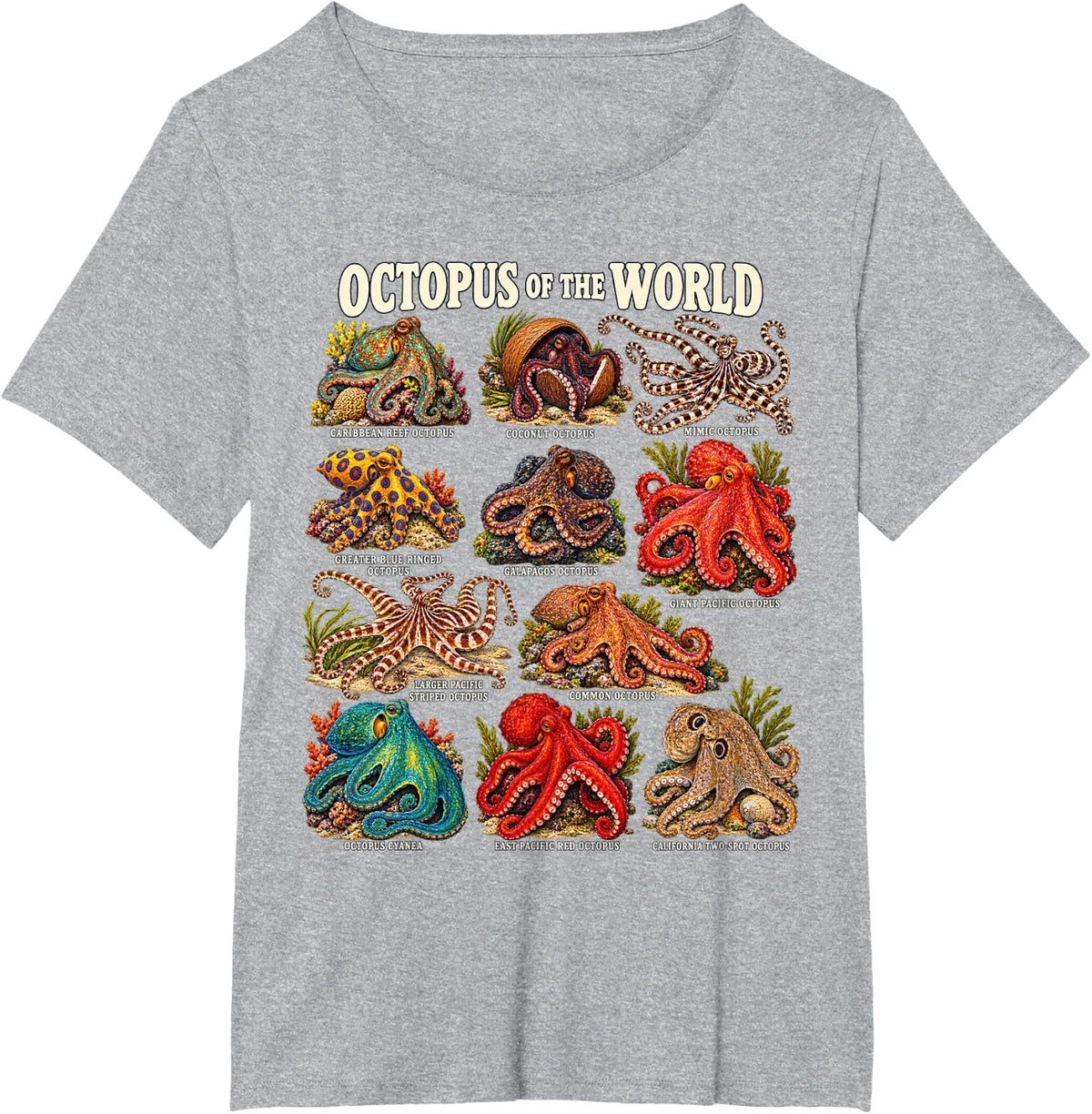 Octopus of the World Species Chart Marine Ocean Collection T-Shirt - Heather Grey