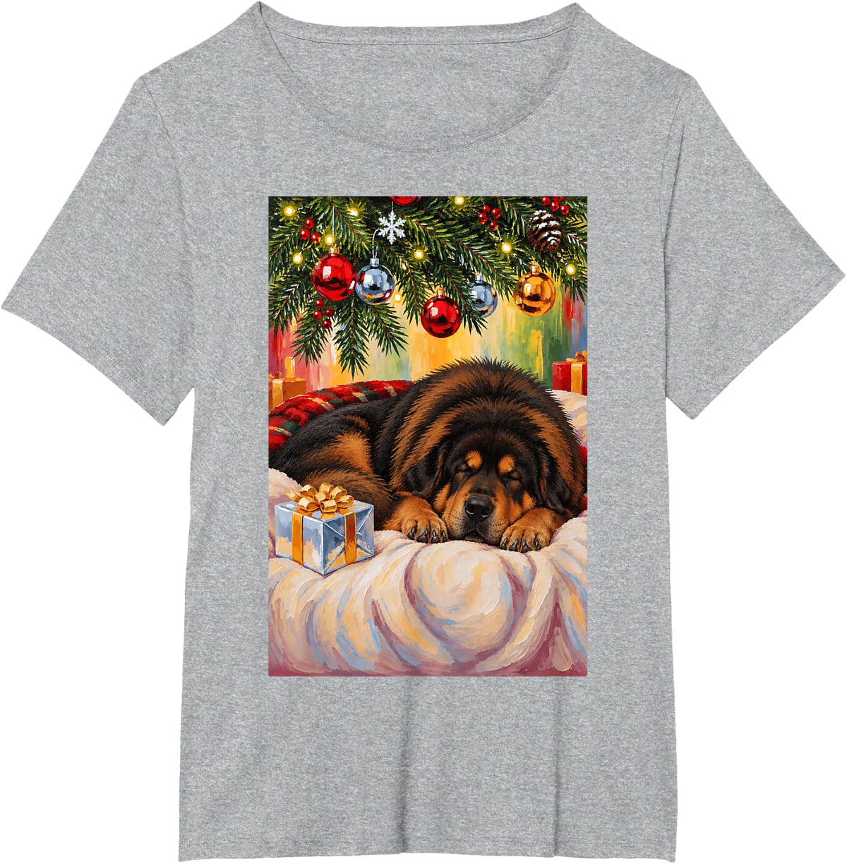 Funny Tibetan Mastiff Dog Sleeping Christmas Tree T-Shirt - Heather Grey