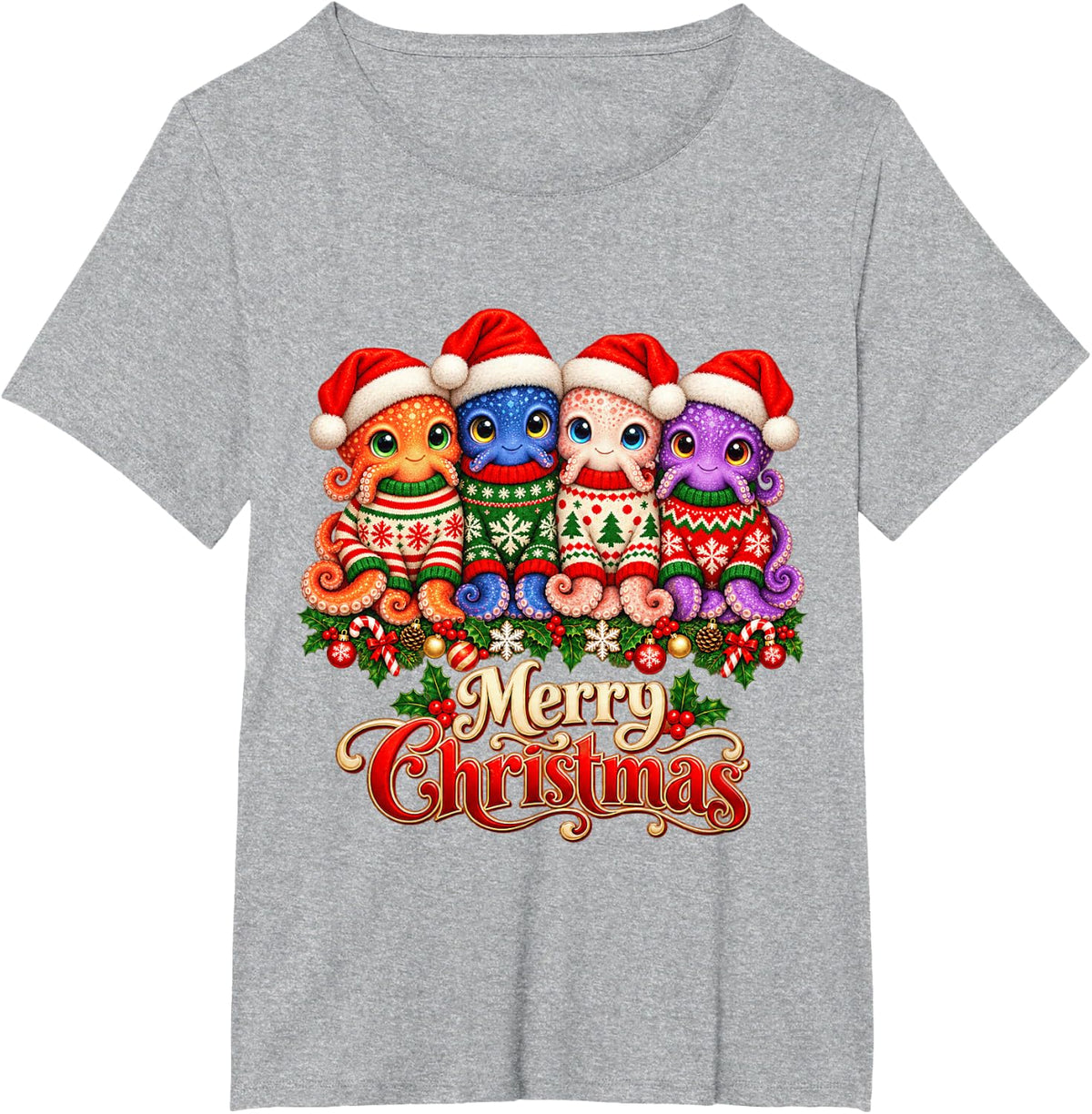 Merry Christmas Octopus Santa Hat Holiday Animal Lover T-Shirt - Heather Grey