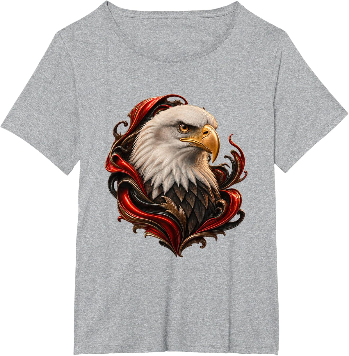 Bald Eagle with Scarlet Enamel Curves Raptor Art T-Shirt - Heather Grey
