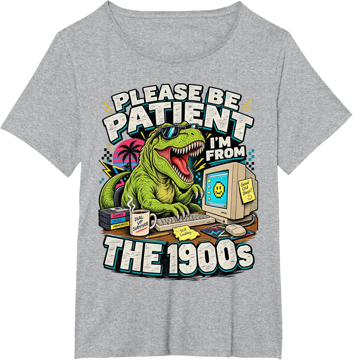 Please Be Patient 1900s Dinosaur Retro Computer Funny Art T-Shirt - Heather Grey