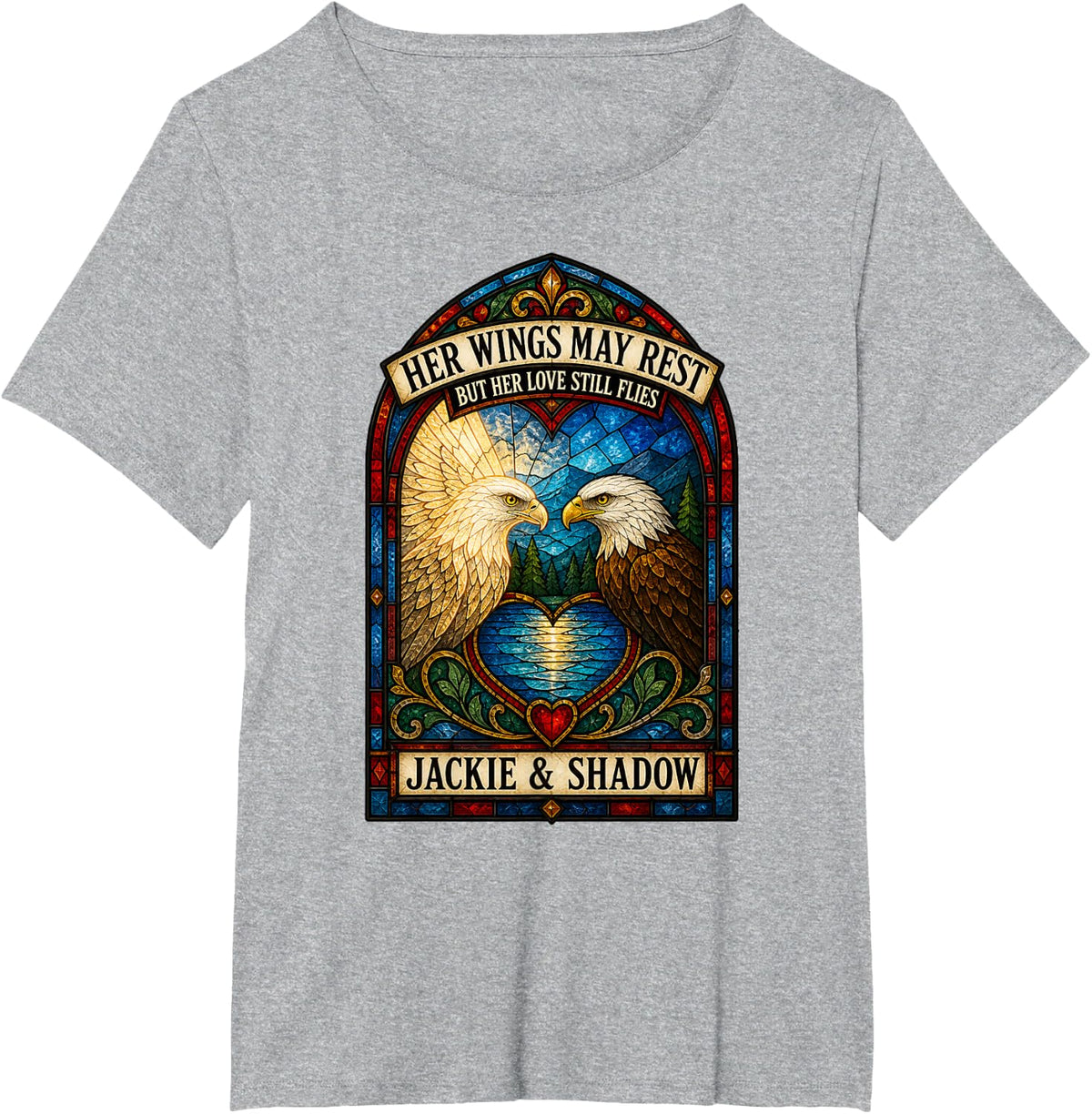 Her Wings May Rest Jackie and Shadow Bald Eagle Memorial T-Shirt - Heather Grey