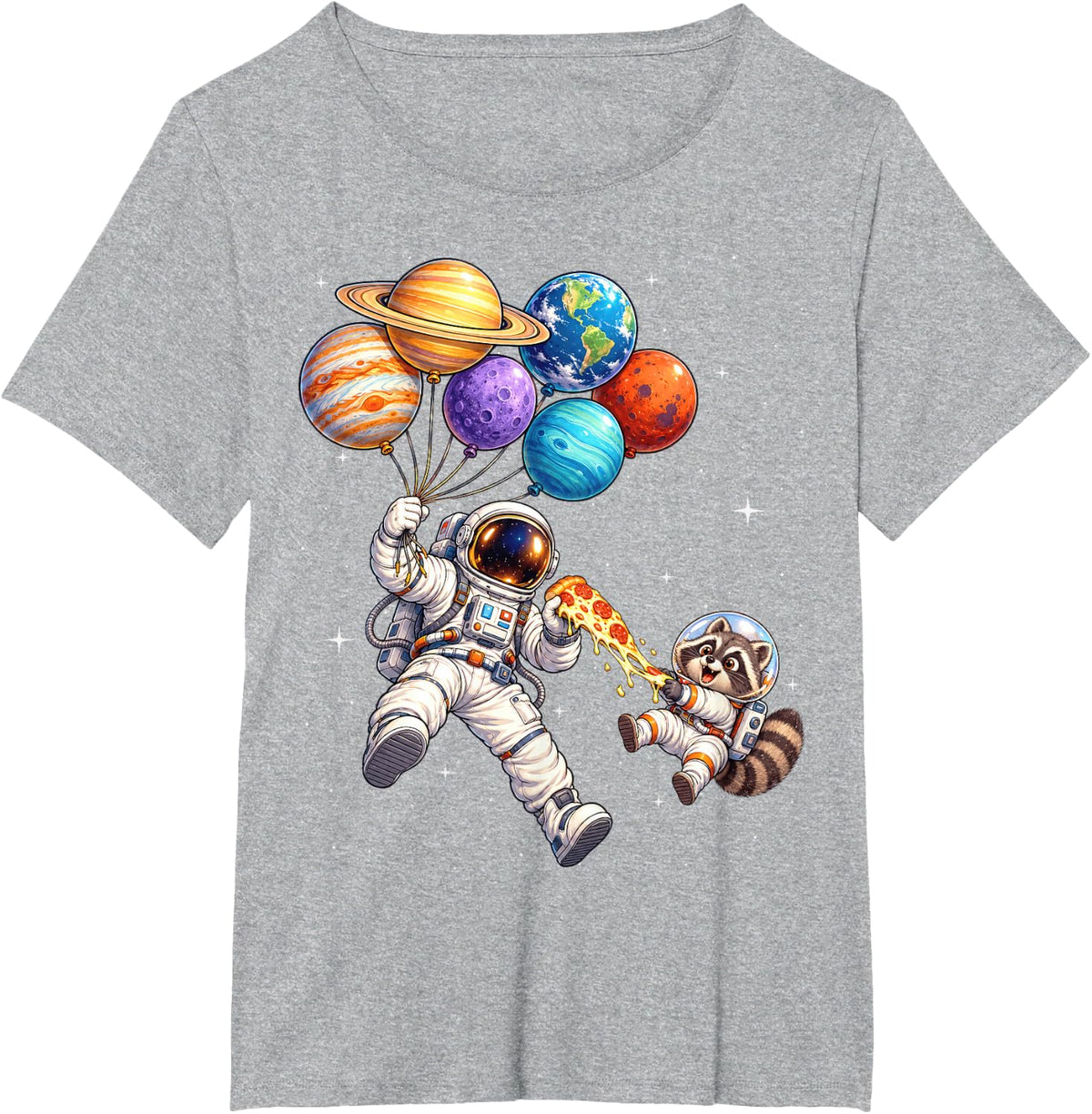 Astronaut with Raccoon Eating Pizza and Solar System Balloon T-Shirt - Heather Grey