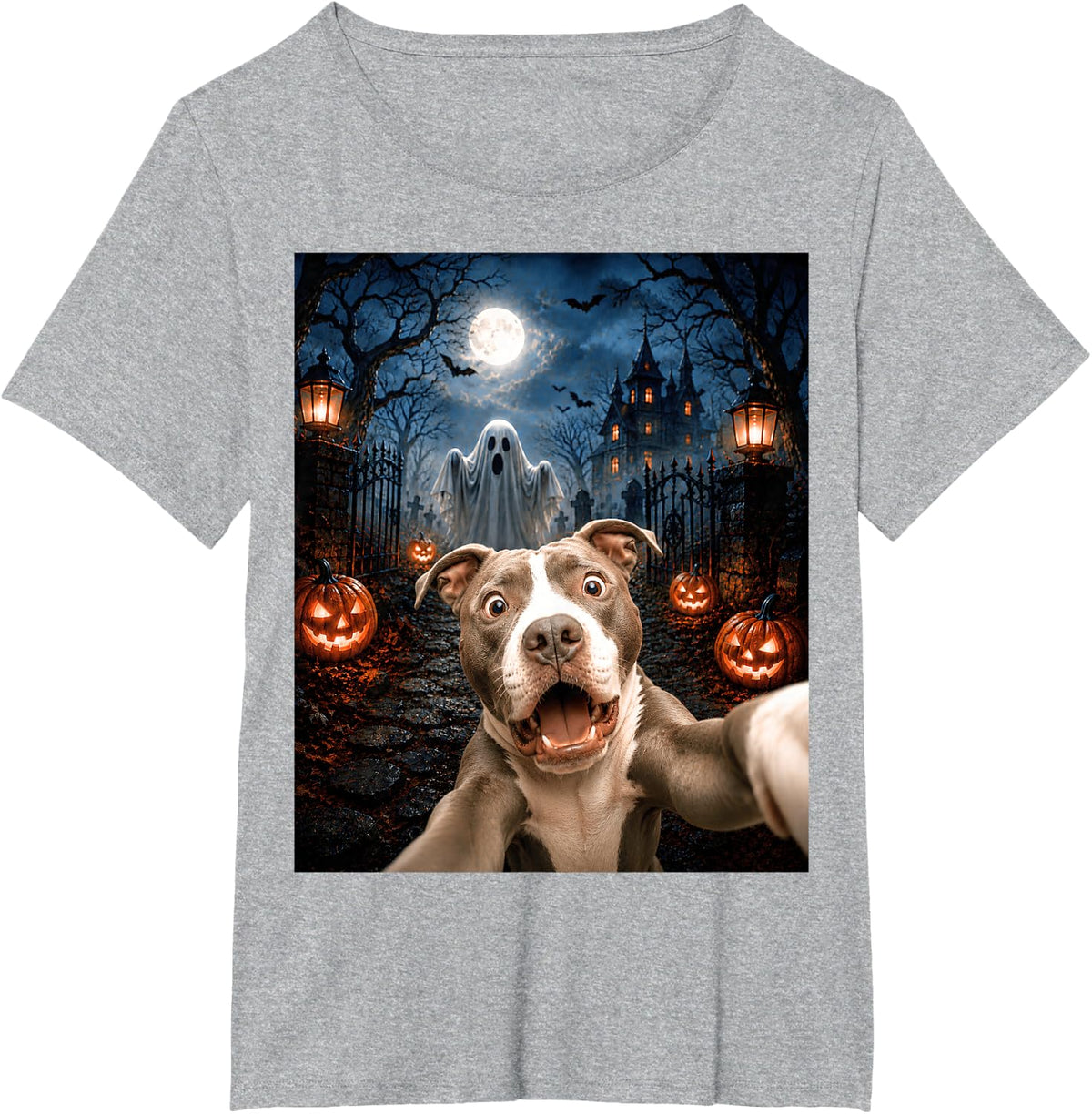 Funny Meme Pitbull Selfie with Ghost Halloween Spooky Season T-Shirt - Heather Grey