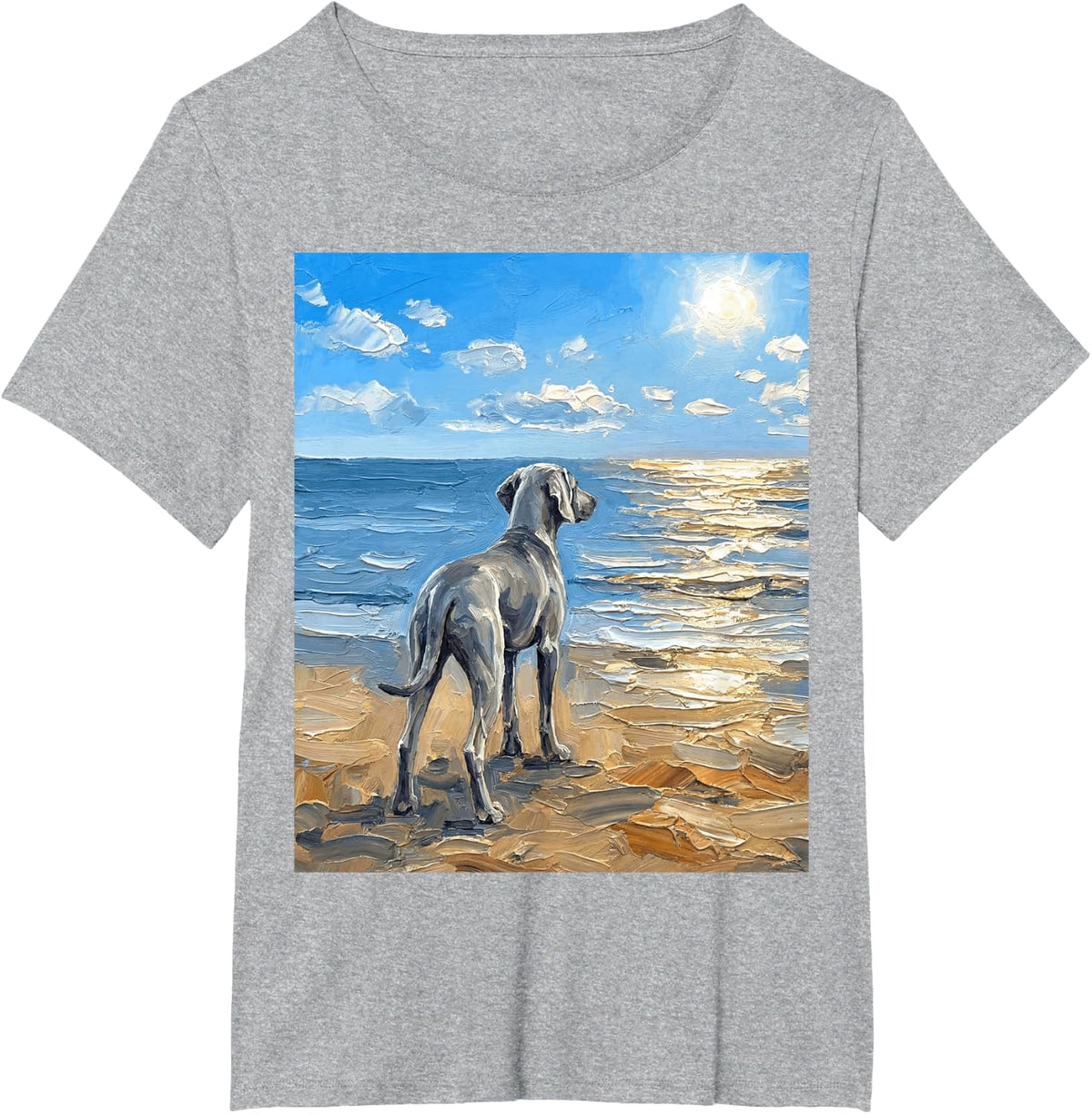 Weimaraner at The Beach Summer Dog Artwork T-Shirt - Heather Grey