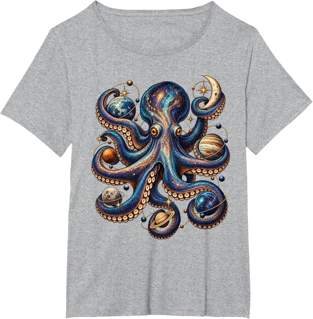 Galaxy Planet Space Octopus Ocean Animal Art T-Shirt - Heather Grey