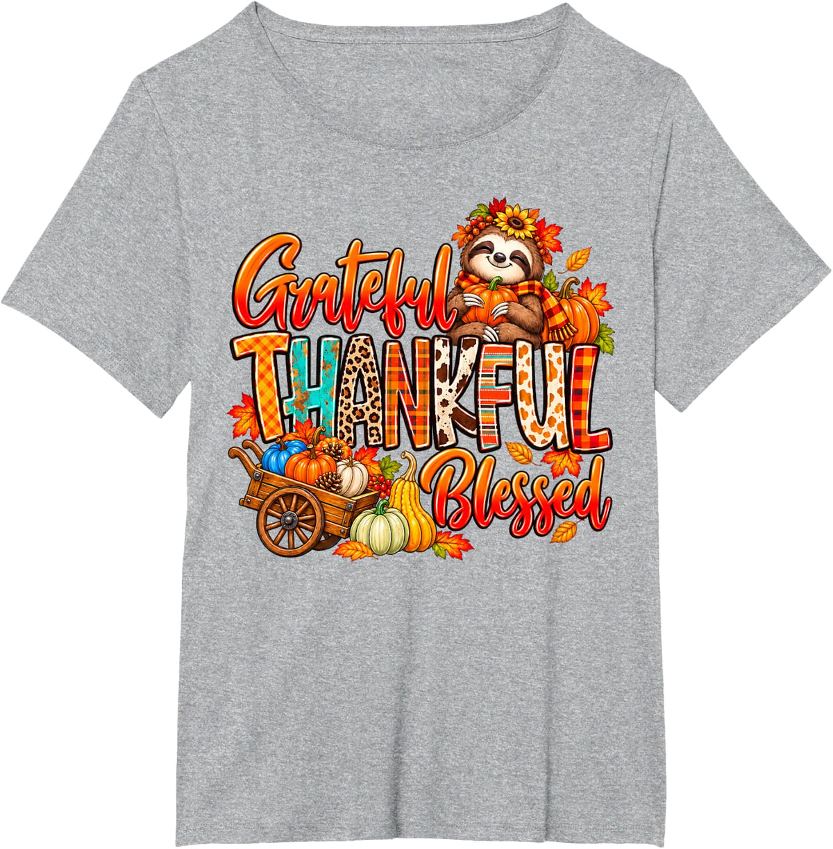 Grateful Thankful Blessed Sloth Fall Autumn Thanksgiving T-Shirt - Heather Grey