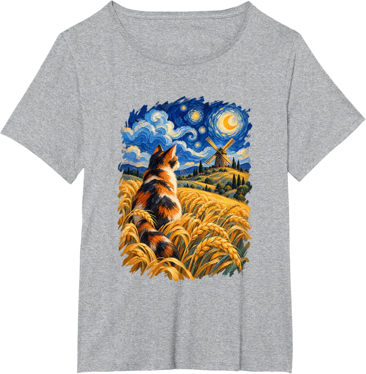 Calico Cat Wheat Field Van Gogh Inspired Starry Night Scene T-Shirt - Heather Grey