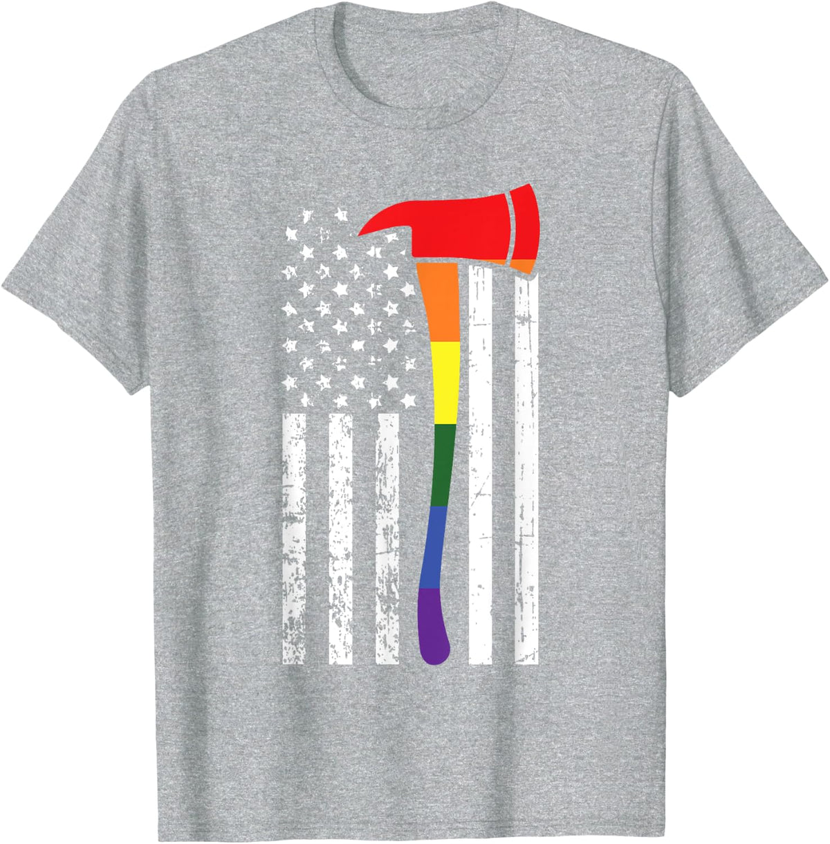 Firefighter American Flag LGBT-Q Gay Pride Flag Fireman Ally T-Shirt - Heather Grey