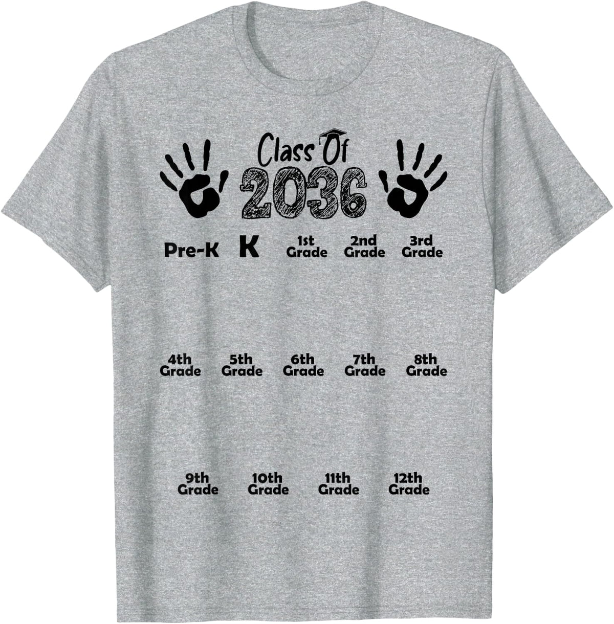 Class of 2036 Grow With Me White Handprint Pre-K 12th Grade T-Shirt - Heather Grey