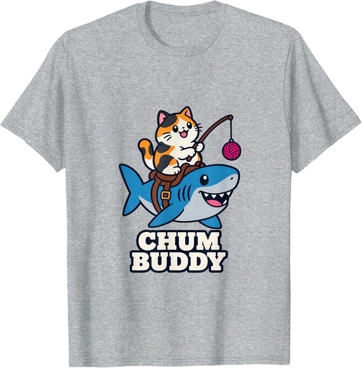 Calico Cat Riding A Shark T-Shirt - Heather Grey