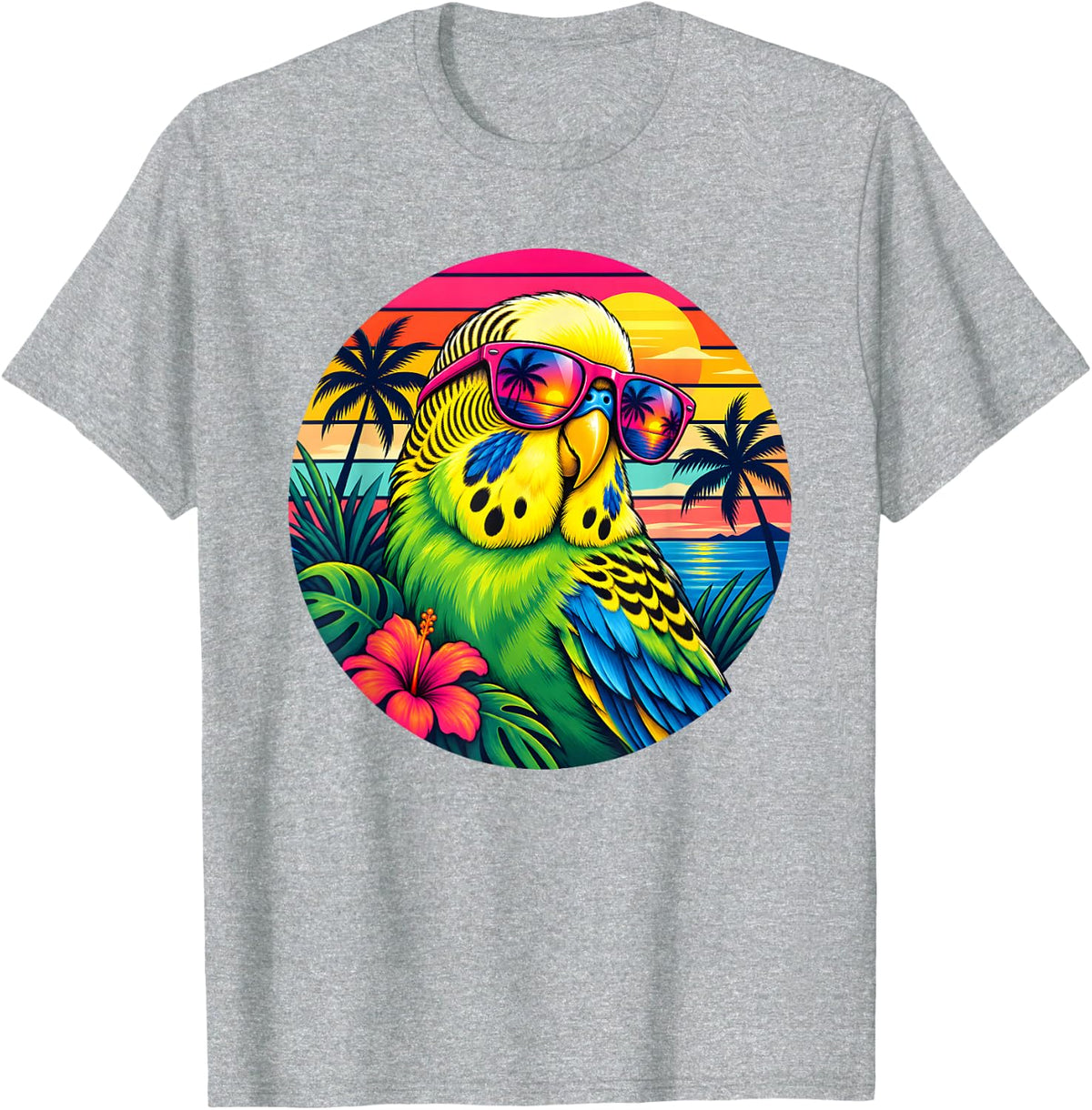 Budgie Parakeet Lover Retro Sunset Tropical Bird T-Shirt - Heather Grey