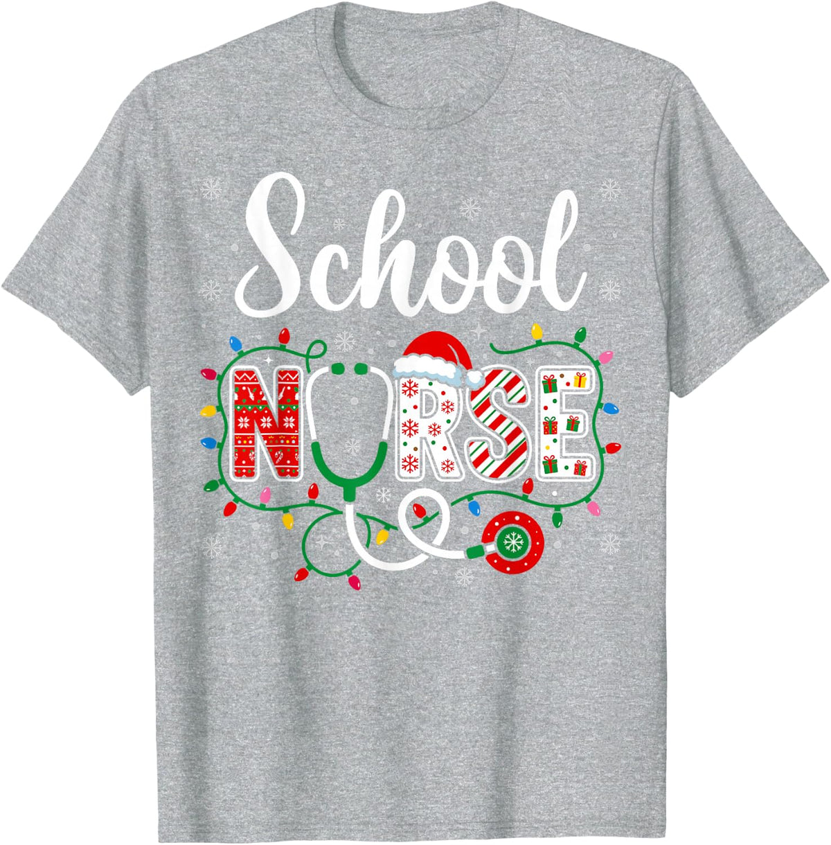 School Nurse Christmas Ugly Style Stethoscope Xmas T-Shirt - Heather Grey