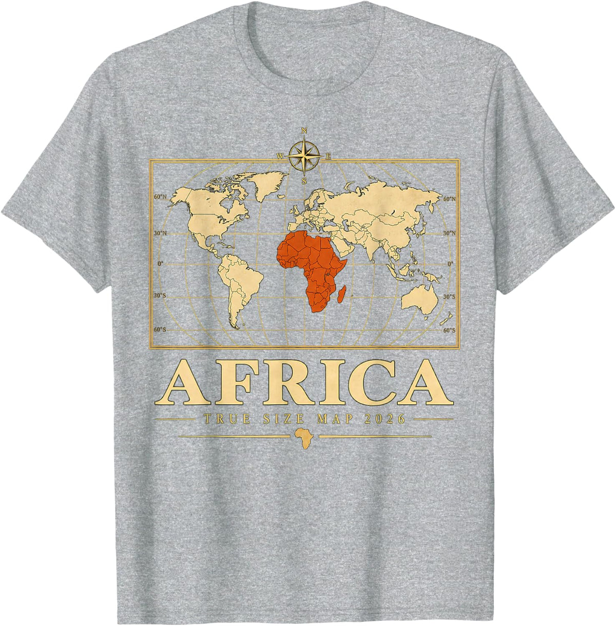 Africa 2026 World Map True Scale Geography Gift T-Shirt - Heather Grey