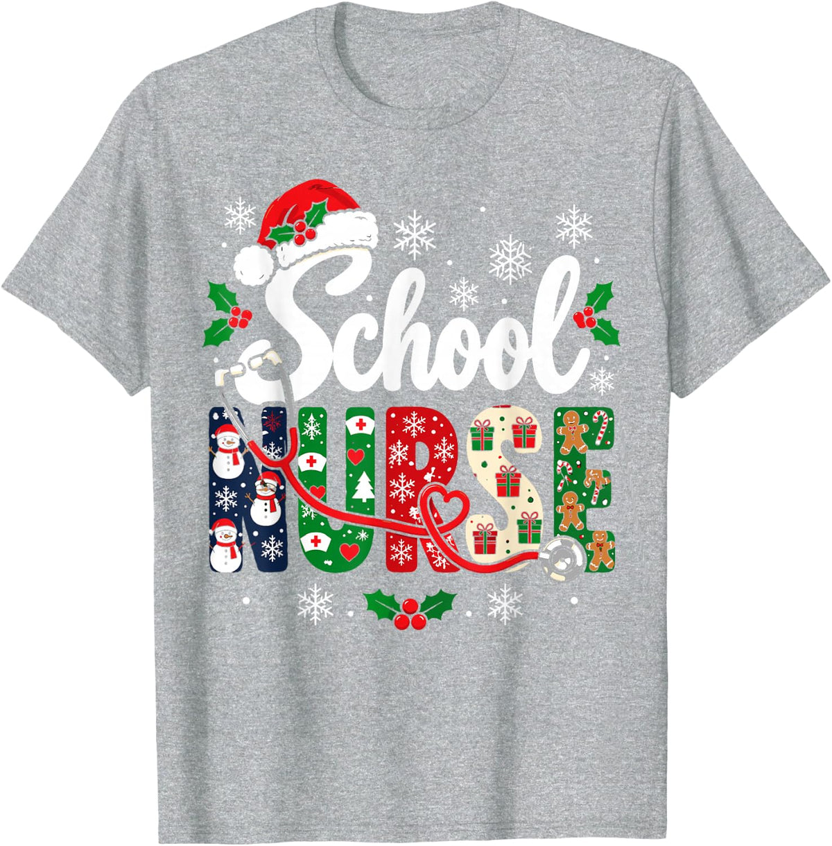 Christmas School Nurse Snowman Stethoscope Xmas T-Shirt - Heather Grey