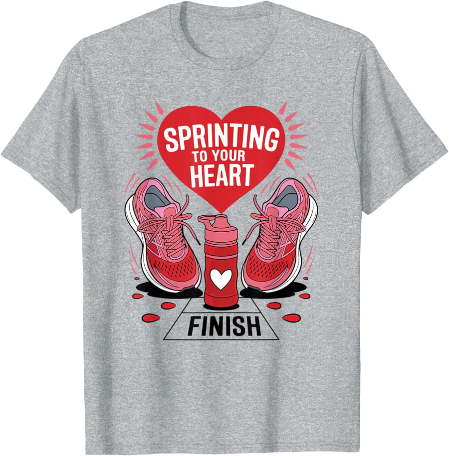Sprinting To Your Heart Valentine's Day Runners T-Shirt - Heather Grey