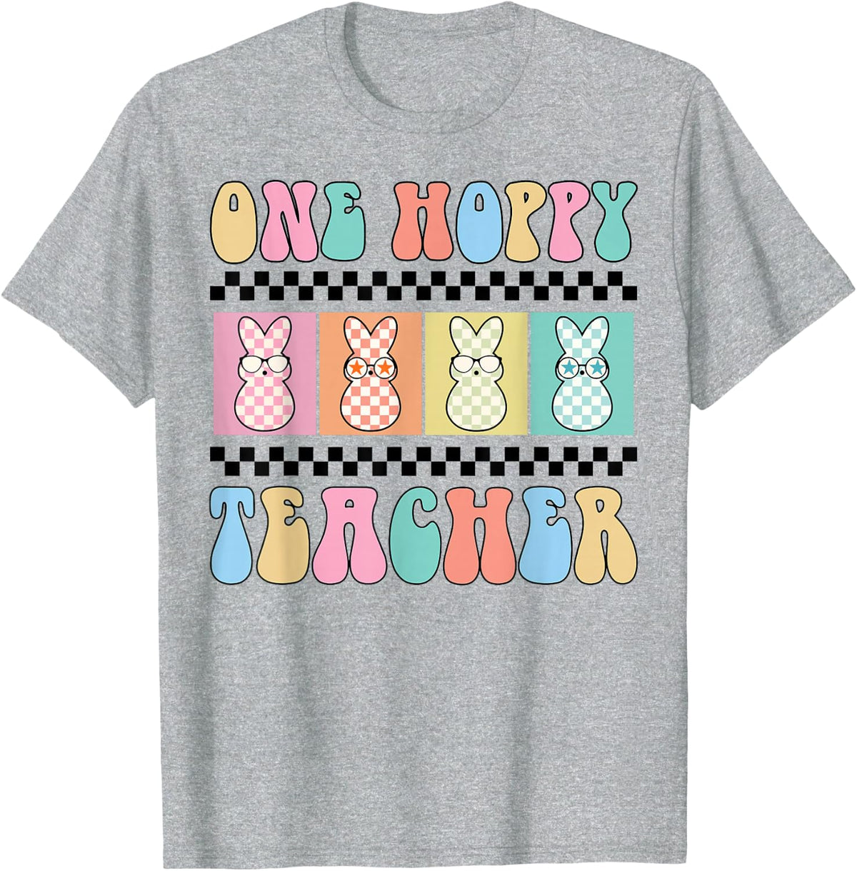 One Hoppy Teacher Bunny Easter Day Groovy Retro Boy Girl T-Shirt - Heather Grey