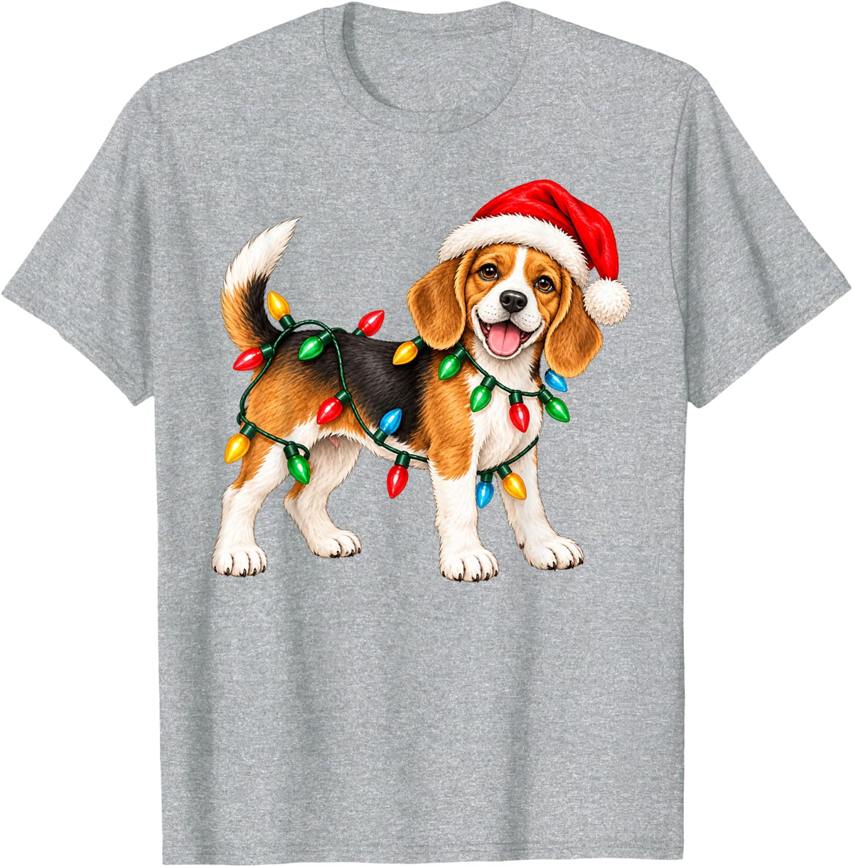 Christmas Beagle Dog Holiday Puppy Lights Hat Santa Design T-Shirt - Heather Grey