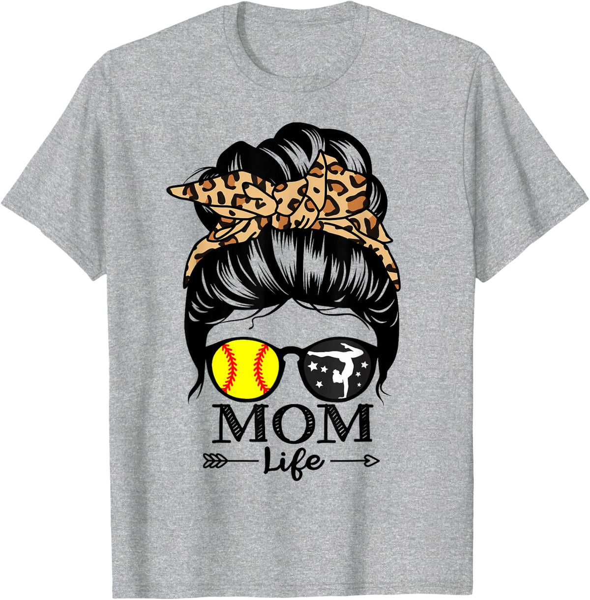 Mom Life Messy Bun Hair Funny Softball Gymnastics Mom T-Shirt - Heather Grey