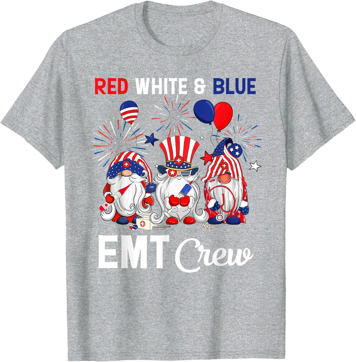Red White & Blue American EMT Crew 4th Of July T-Shirt - Heather Grey