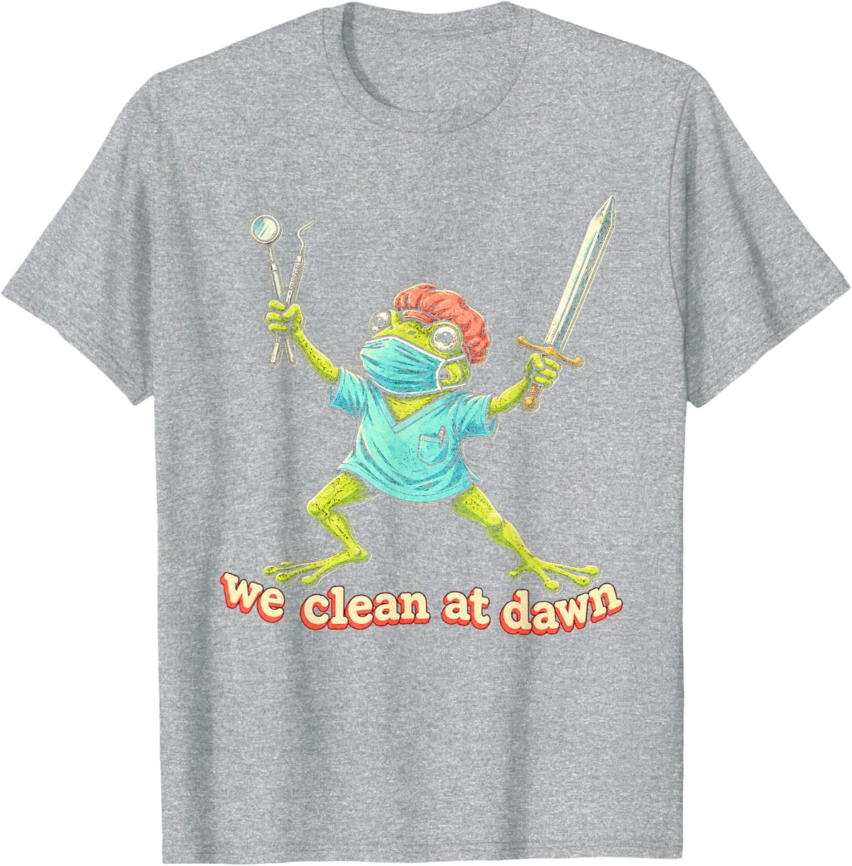 Retro Dental Frog Warrior We Clean At Dawn T-Shirt - Heather Grey