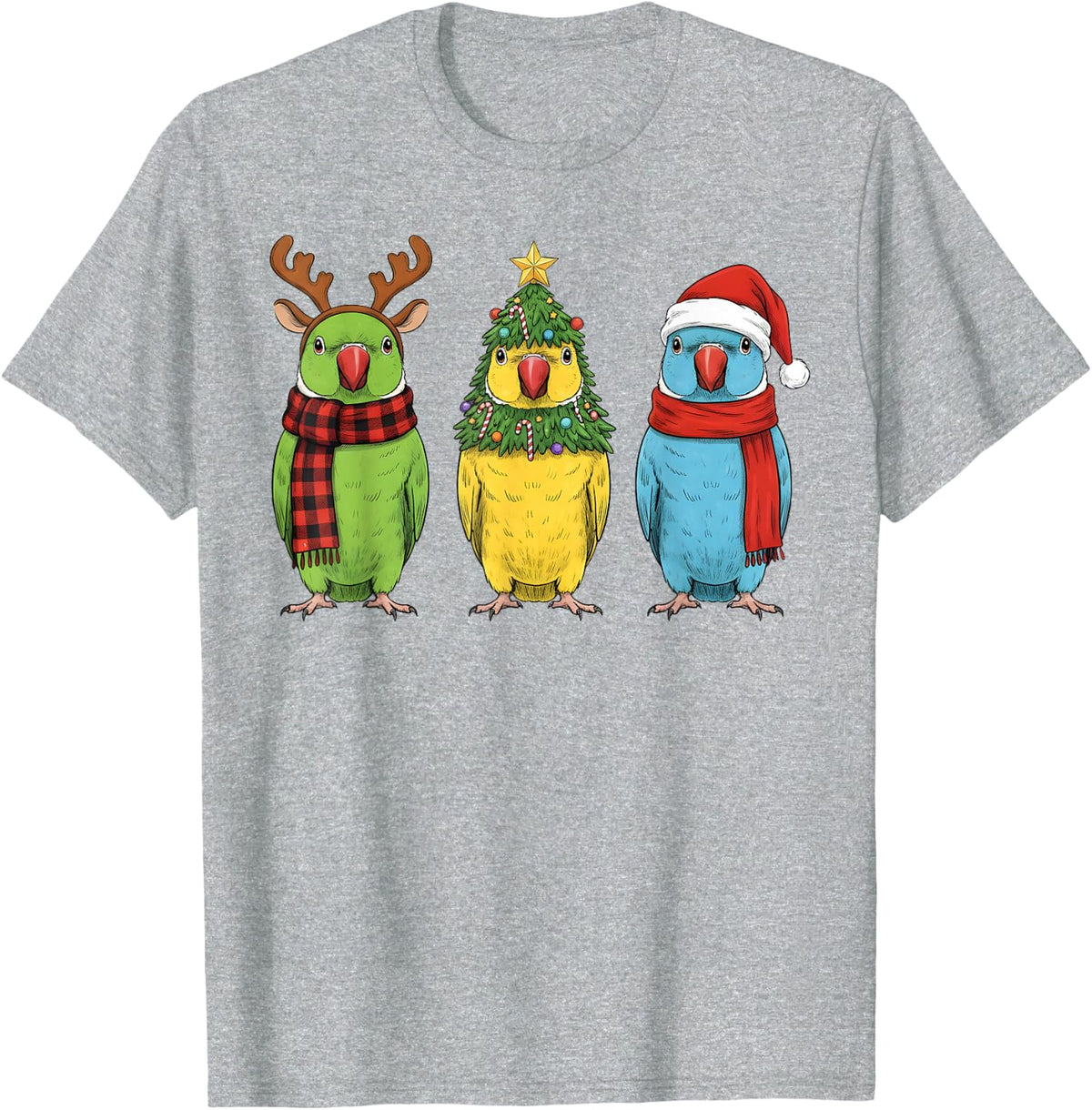 Retro Christmas Indian Ringneck Parakeet Santa Reindeer T-Shirt - Heather Grey