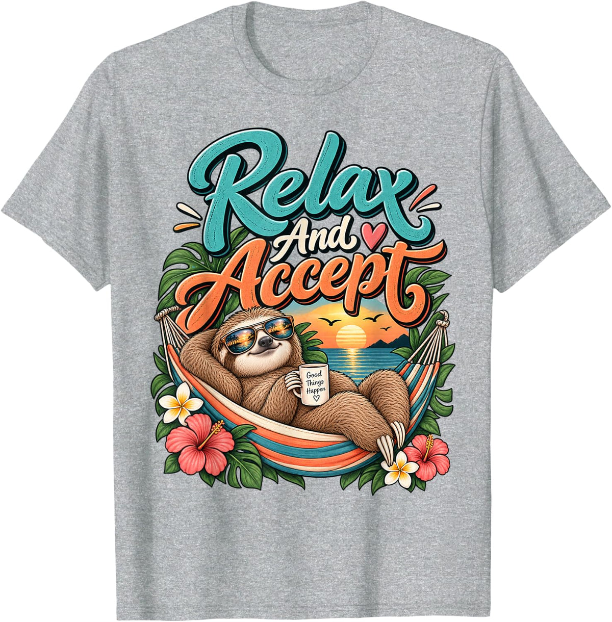 Sloth Relaxing at Sunset – Chill Tropical Vibes T-Shirt - Heather Grey