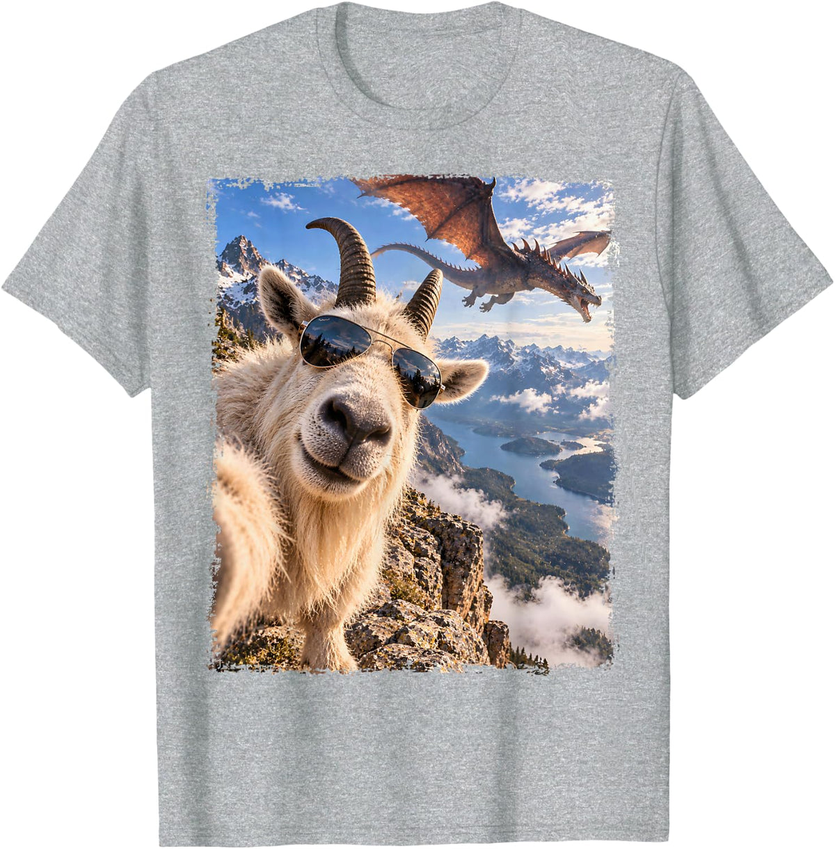 Mountain Goat Selfie with Dragon T-Shirt - Heather Grey